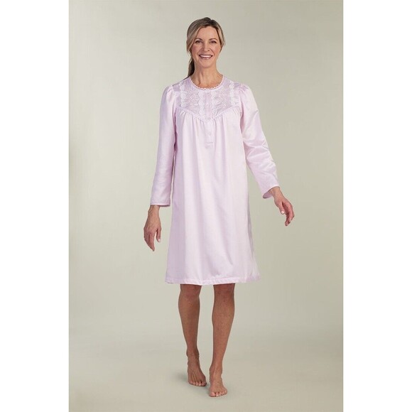 Miss Elaine Brushed Back/Satin Nightgown/LongSleeve/ Blush Pink w/Embroidery NWT - Picture 1 of 16